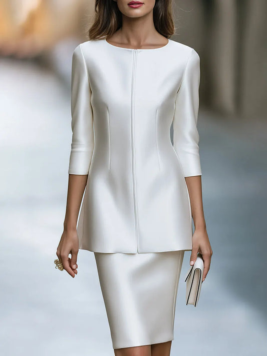 Elegant Zip Front Blazer Jacket And Pencil Skirt Set