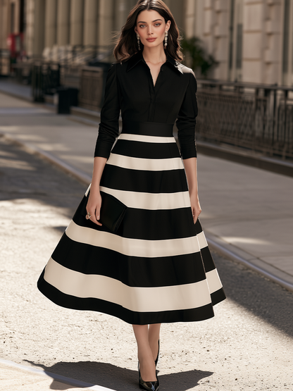 Women's Striped Long Sleeve Collared A-Line Midi Dress