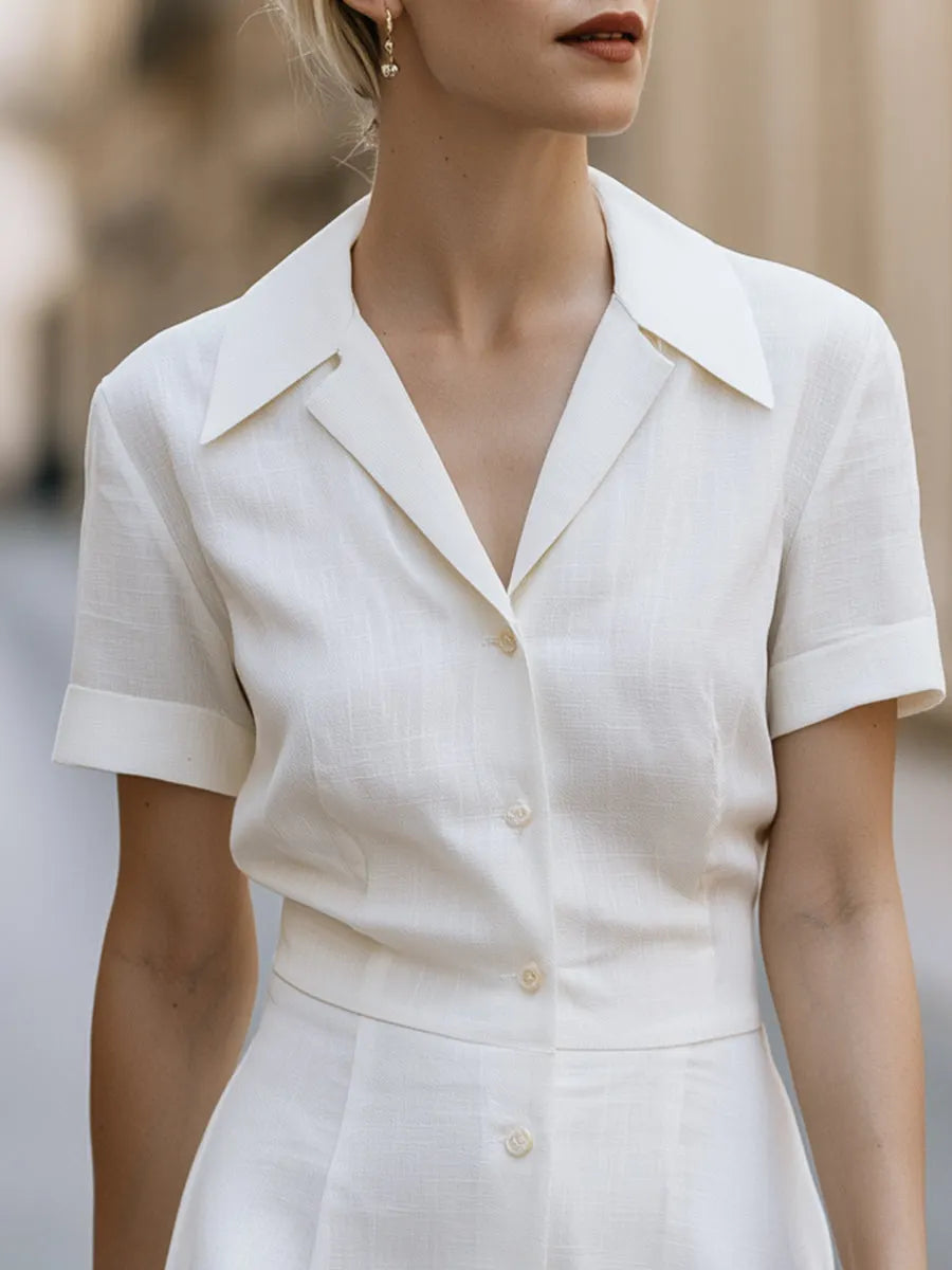 Linen Shirt Midi Dress With Front Button Closure And Flared A-Line Silhouette