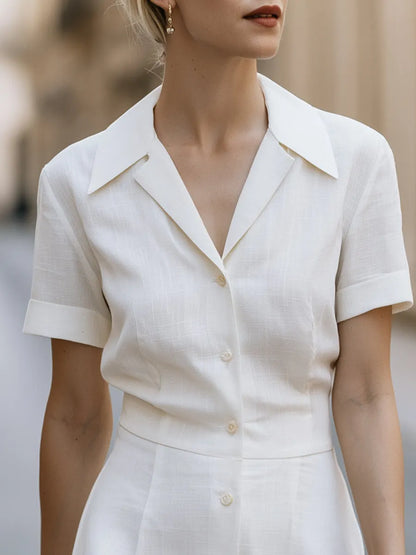 Linen Shirt Midi Dress With Front Button Closure And Flared A-Line Silhouette