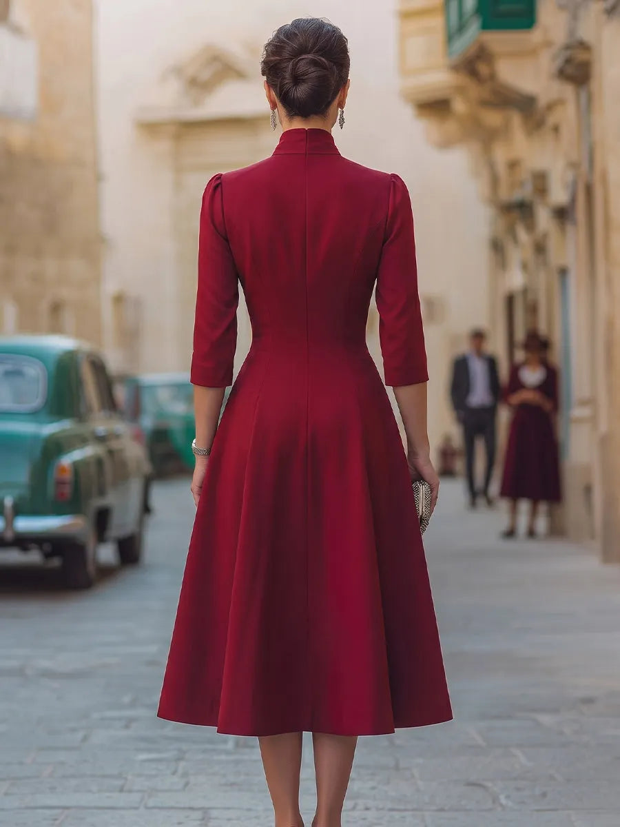 Rhinestone Embellished Bow Collar Red Tailored Swing Midi Dress