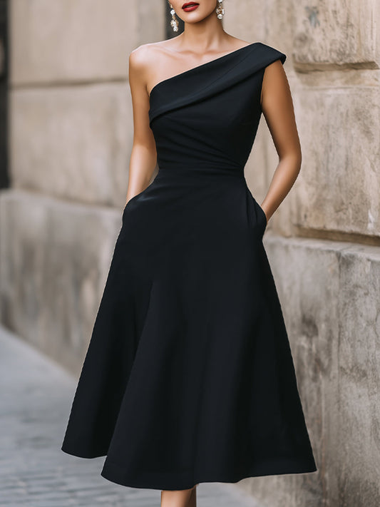 Élégante robe de cocktail trapèze à une épaule