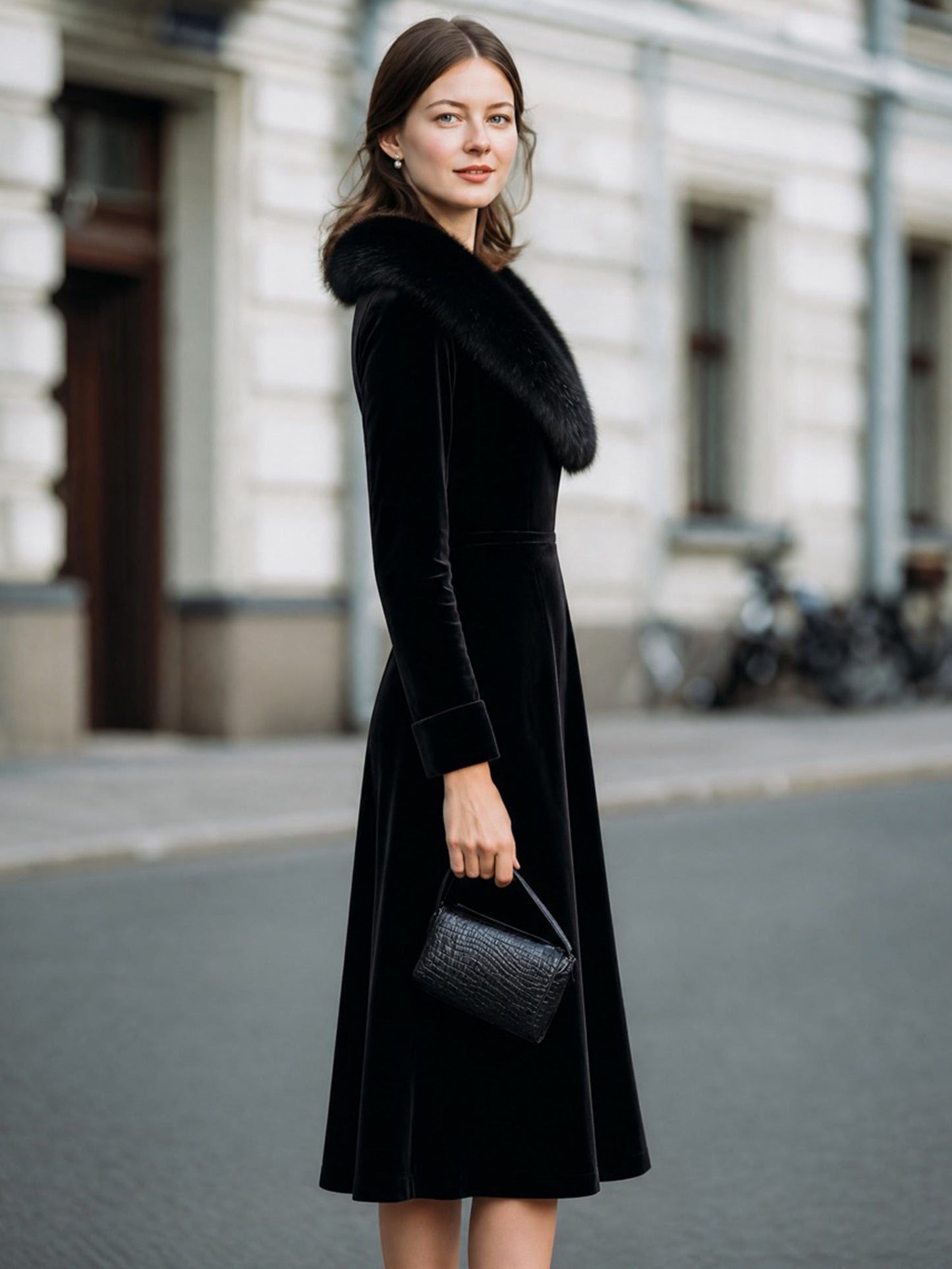 Velvet Faux-Fur Collar Midi Dress