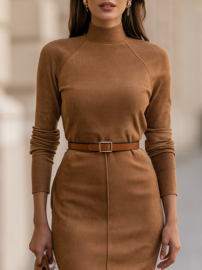 Tie-Waist High-Neck Faux Suede Midi Dress