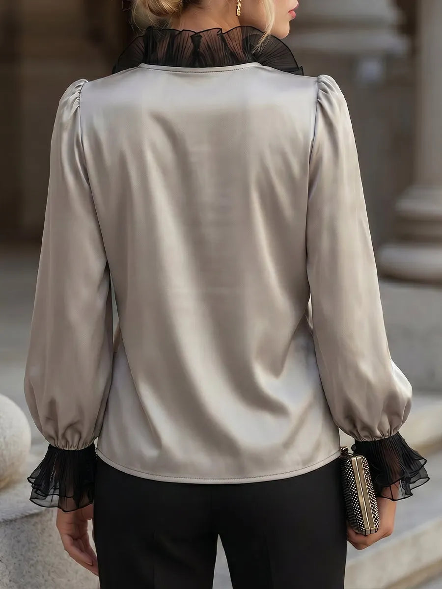 Structured Satin Blouse With Sheer Ruffled V-Neck And Statement Sleeves