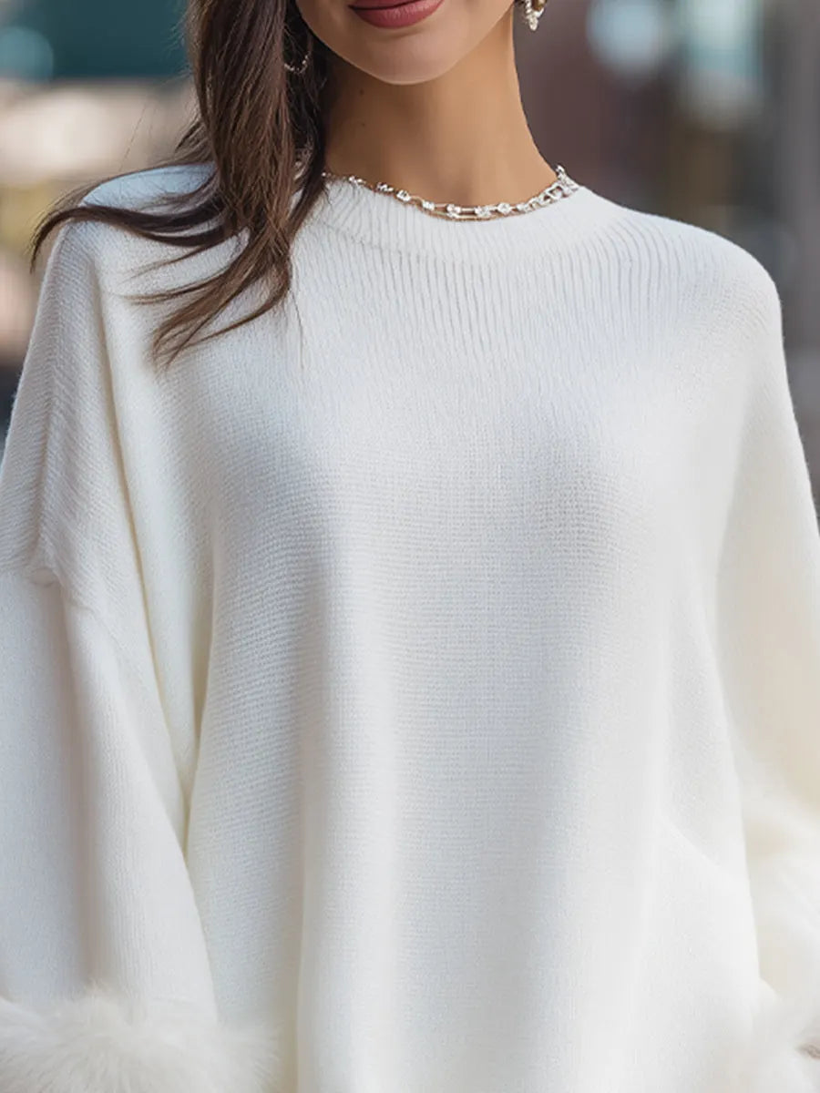 Elegant Faux Fur-Trimmed Knit Sweater