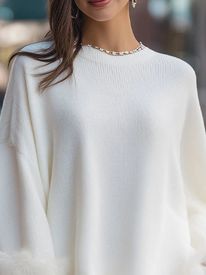 Elegant Faux Fur-Trimmed Knit Sweater