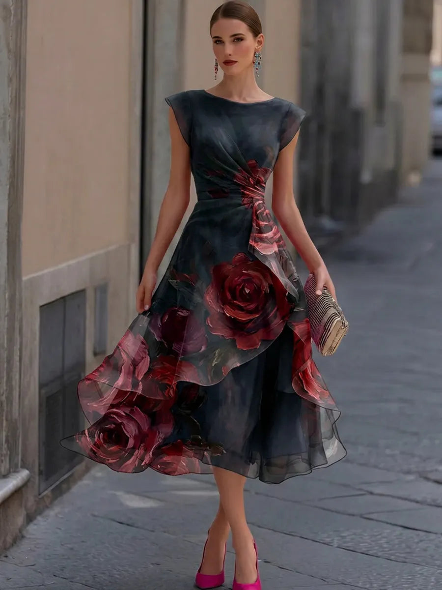Elegant Watercolor Floral Boat Neck Wrap Waist Layered Organza High-Low Formal Midi Gown