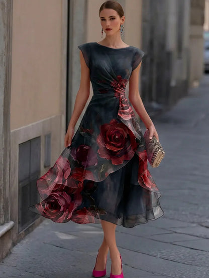 Elegant Watercolor Floral Boat Neck Wrap Waist Layered Organza High-Low Formal Midi Gown
