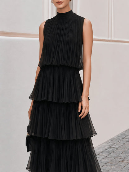 Sleeveless High Neck Pleated Tiered Chiffon Maxi Dress
