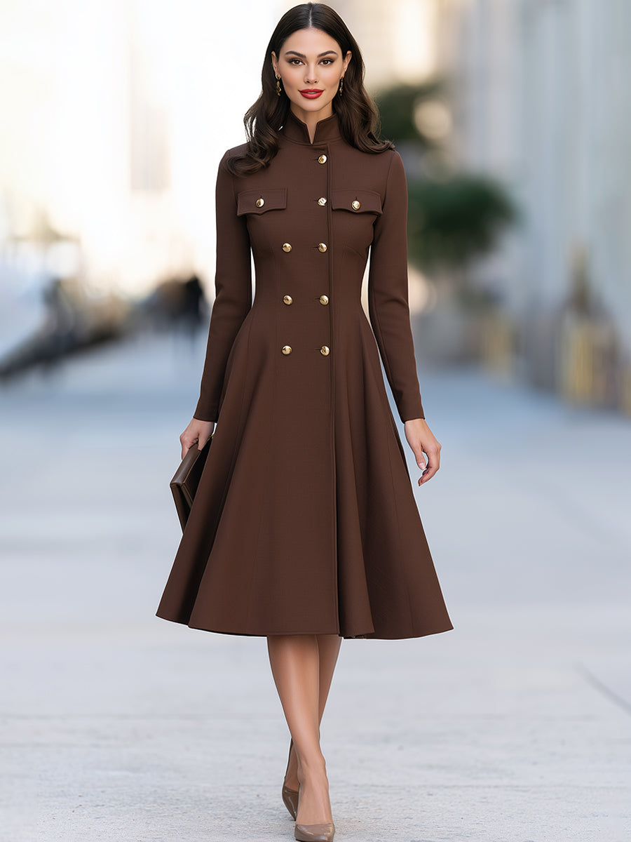 Elegant Double-Breasted Stand Collar A-Line Blazer Dress