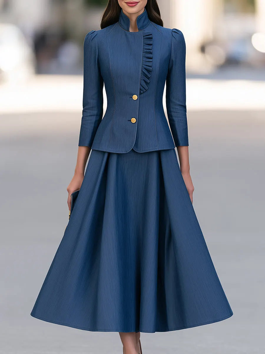 Elegant Stand Collar Ruffled Blazer Jacket And A-Line Skirt Set
