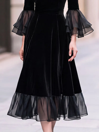 Sheer-Yoke Velvet Ruffle Midi Dress