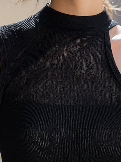 Asymmetric Cutout High-Neck Knit Top