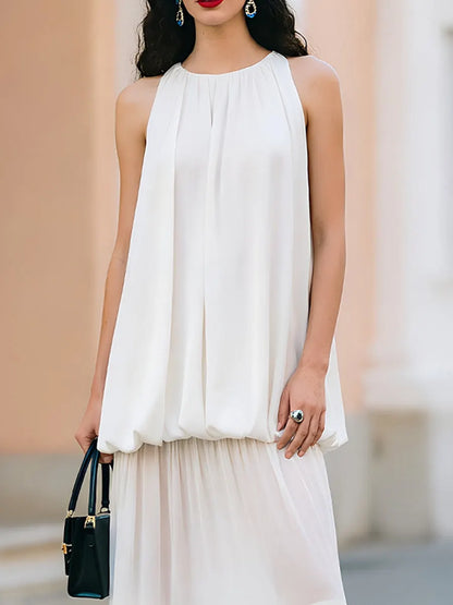 Sleeveless Bubble-Hem Chiffon Tiered Midi Dress