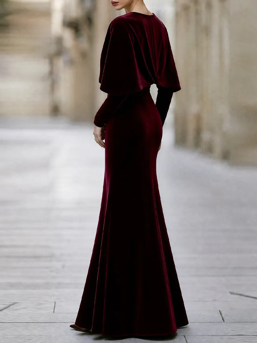 Elegant Velvet V-Neck Cape Sleeve Mermaid Evening Gown