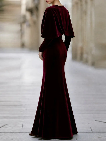 Elegant Velvet V-Neck Cape Sleeve Mermaid Evening Gown