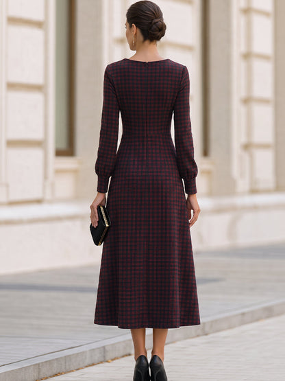 Plaid Cowl Collar Fit‐and‐Flare Midi Dress