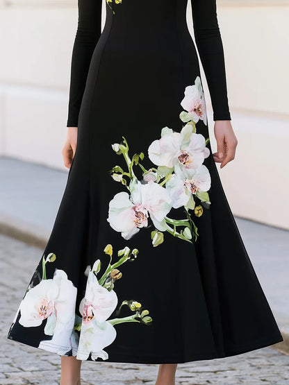 High Neck Long Sleeve Watercolor Orchid Print Flared Maxi Knit Dress