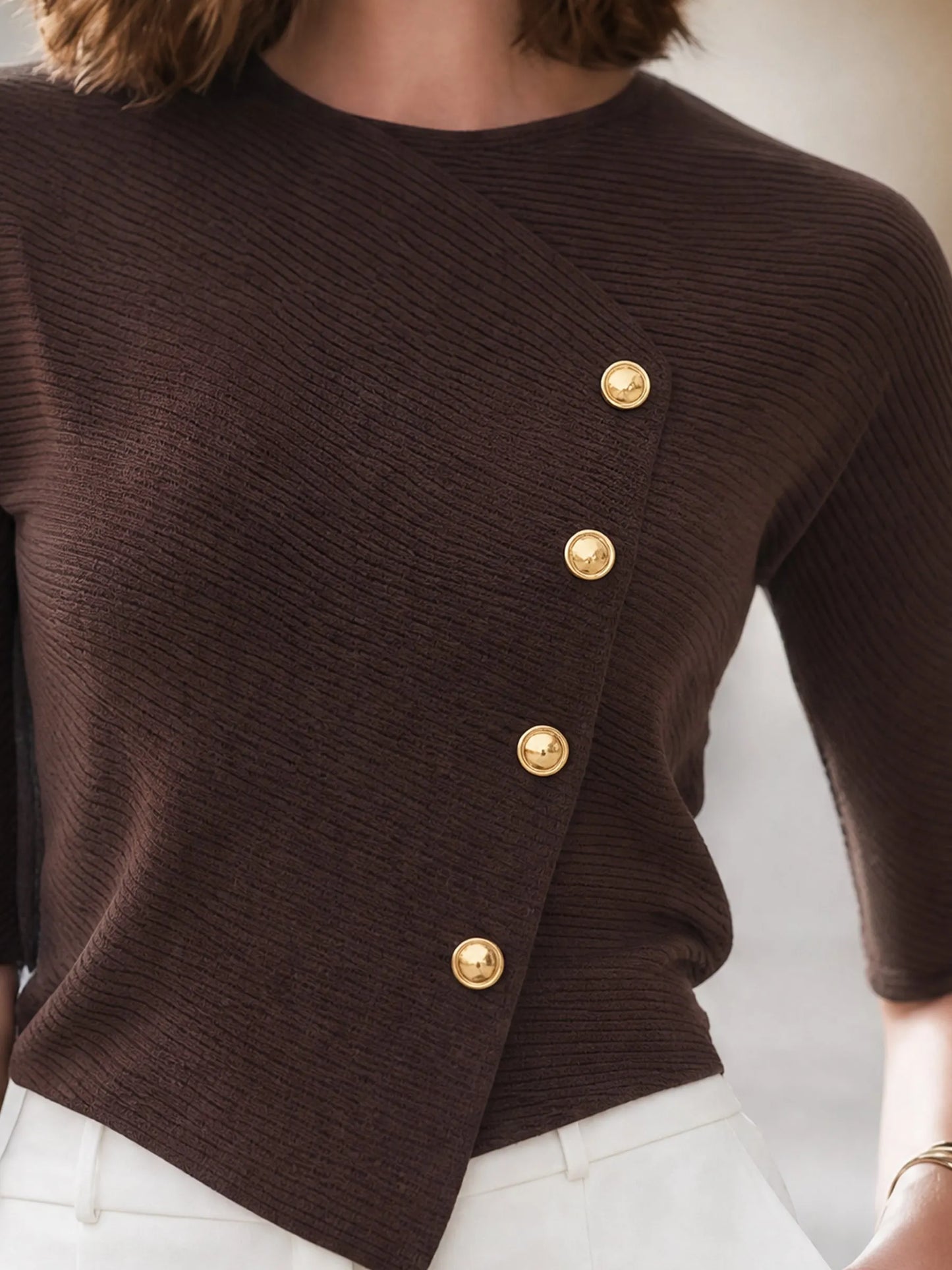 Asymmetric Button-Accent Ribbed Knit Top