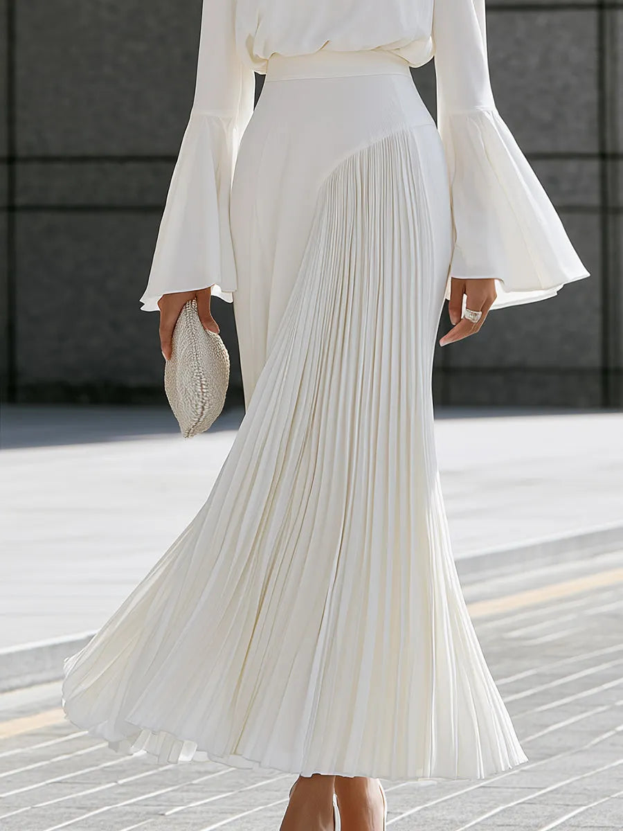 Bell-Sleeve Blouse And Pleated Maxi Skirt Set