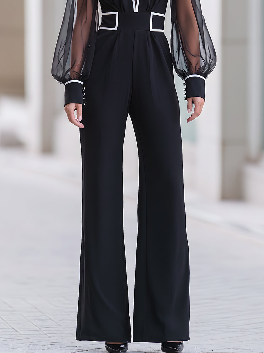 Black Contrast White Trim Sheer Mesh Sleeve Wide Leg Jumpsuit