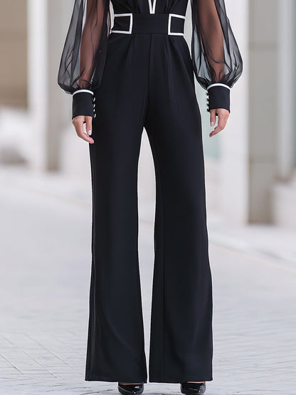 Black Contrast White Trim Sheer Mesh Sleeve Wide Leg Jumpsuit