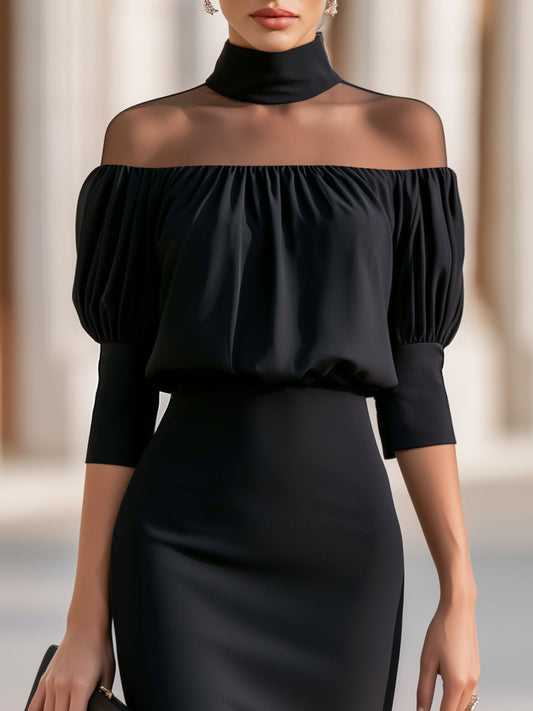 Robe midi épaules dénudées avec empiècement transparent et manches bouffantes
