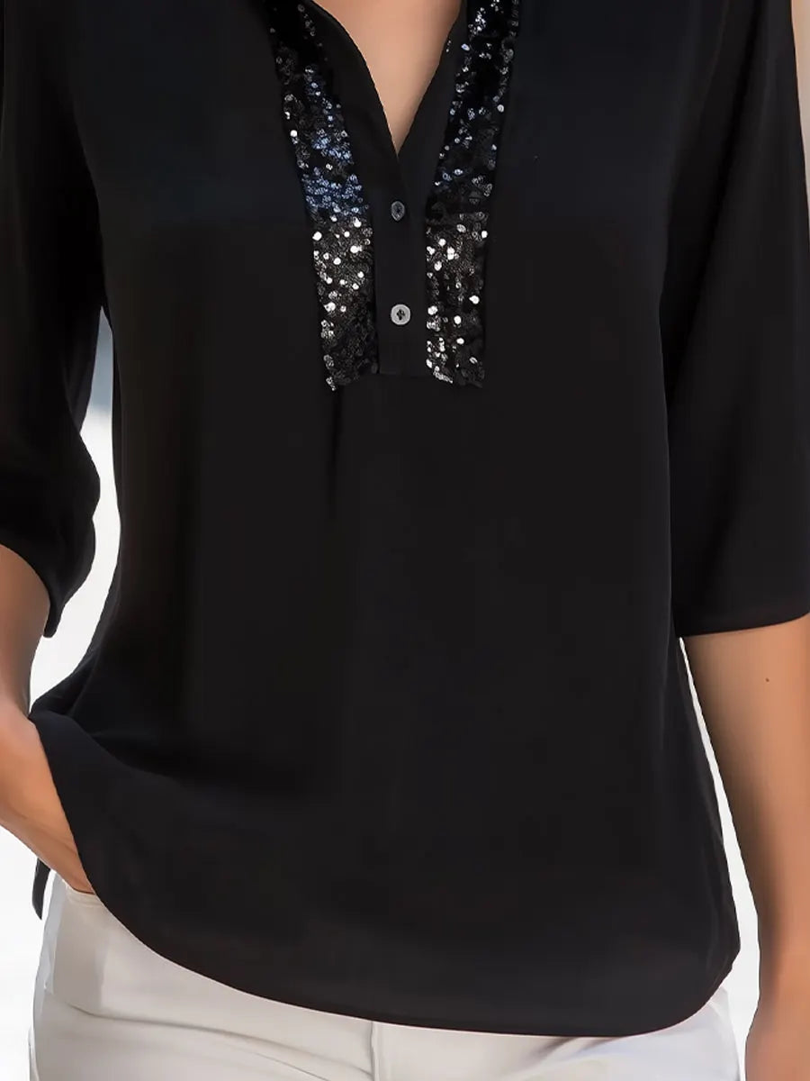 Sequin Placket 3/4 Sleeve Stand Collar Blouse