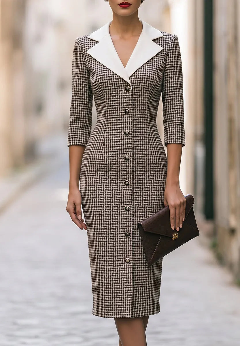 Houndstooth Contrast-Collar Button-Front Midi Dress