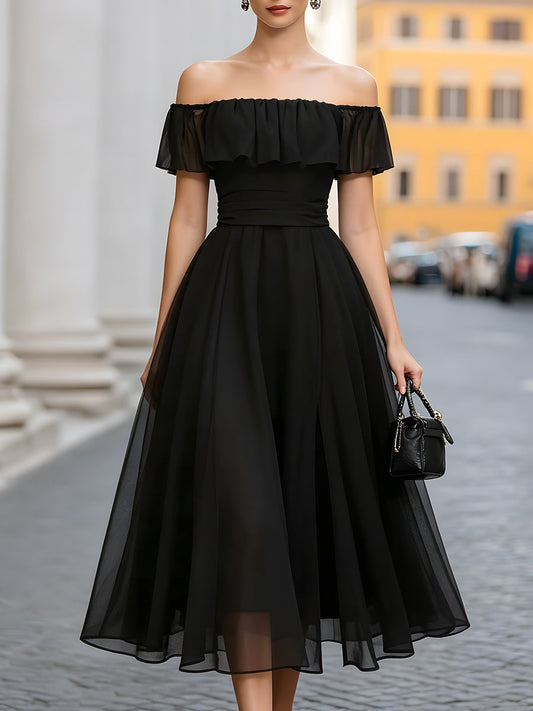 Off-Shoulder Ruffle Organza A-Line Midi Dress