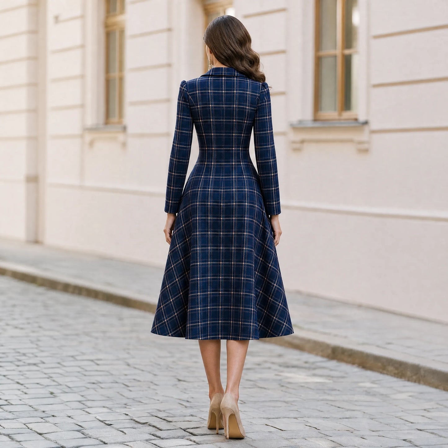 Notched Lapel Plaid Long Sleeve Button Front Fit & Flare Midi Dress