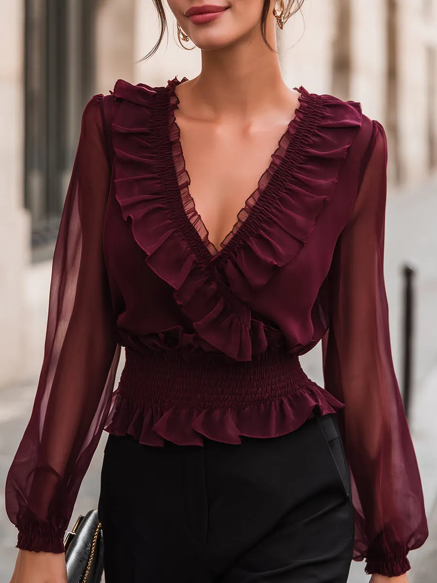 Romantic Ruffle Trim Smocked Waist Chiffon Blouse