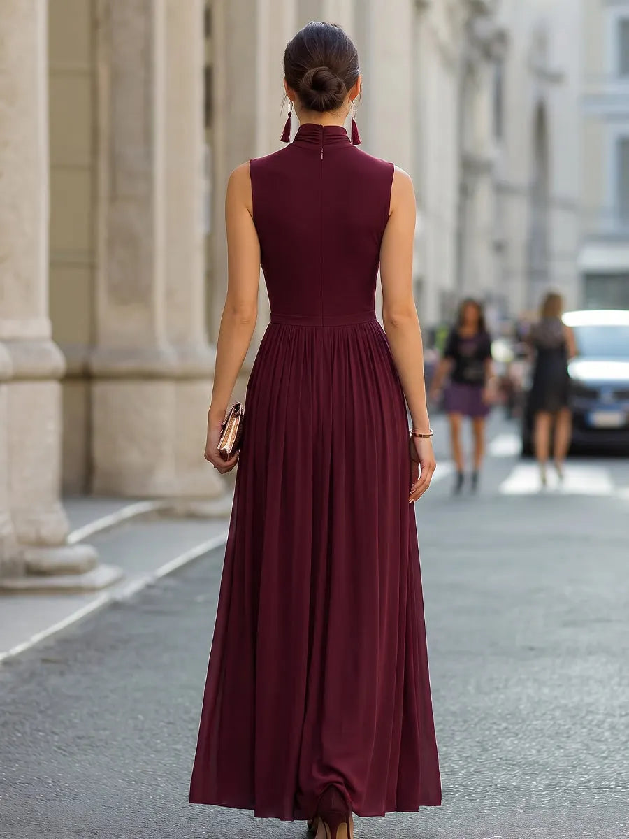 Sleeveless Turtleneck Gathered A-Line Maxi Dress