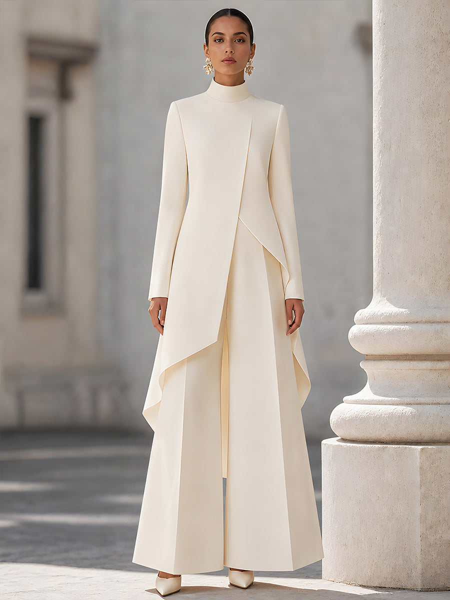 Elegant Ivory High Neck Tailored Longline Coat Set