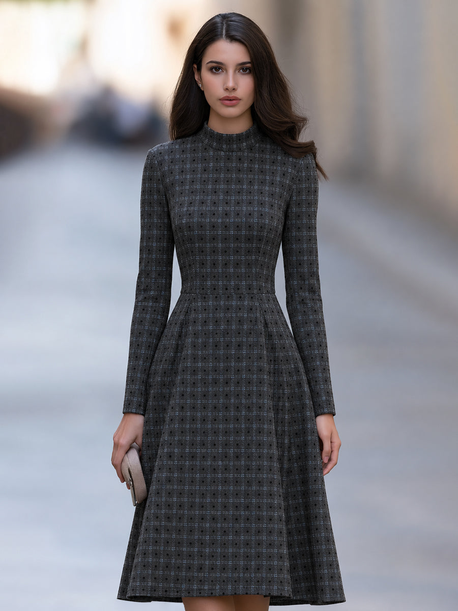 Mock Neck Plaid Dot A-Line Midi Dress