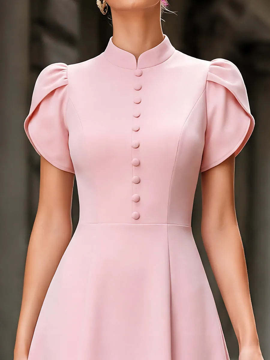 Stand-Collar Petal-Sleeve A-Line Midi Dress