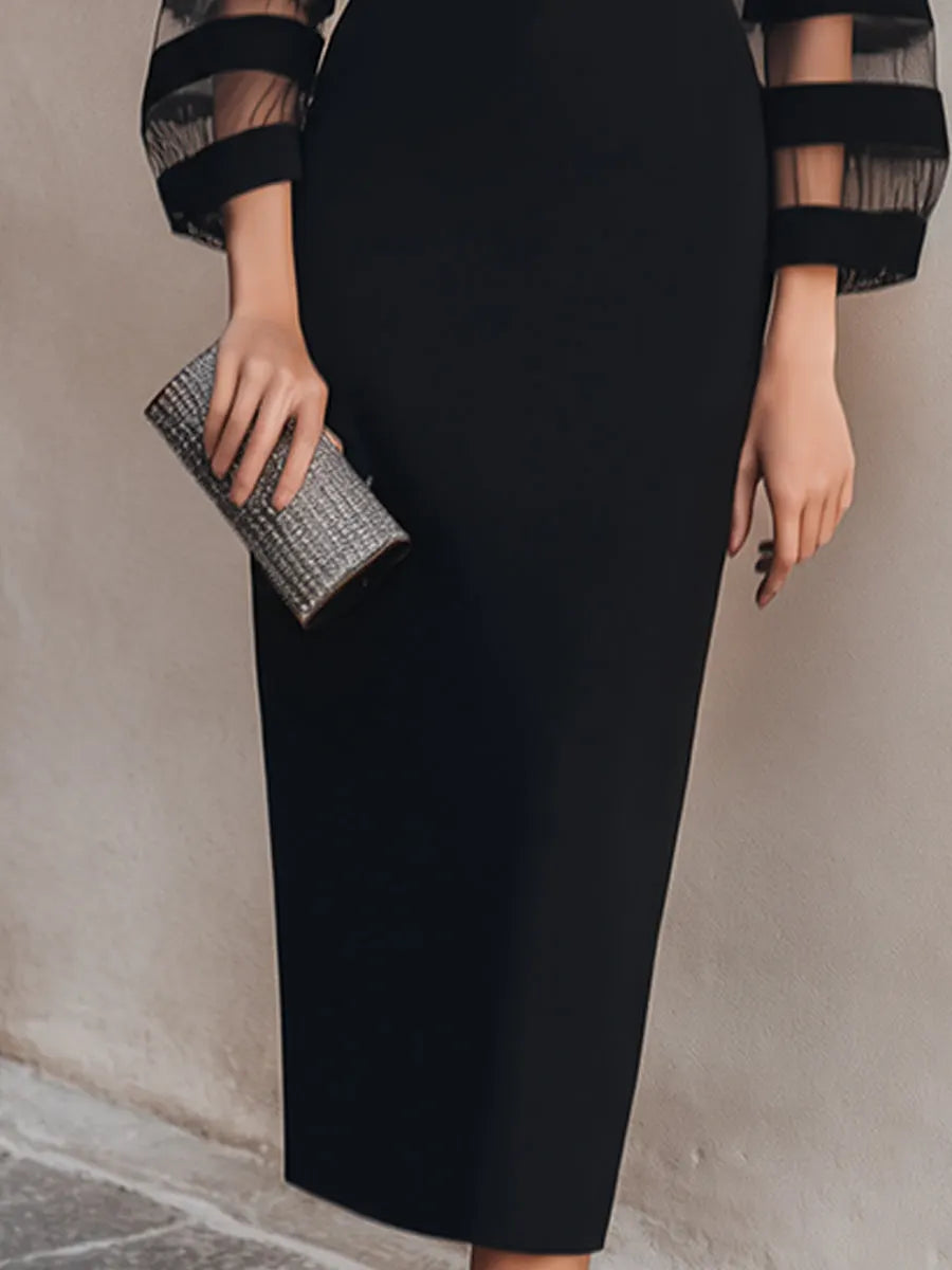 Sheer Mesh Striped Sleeve Bodycon Midi Dress