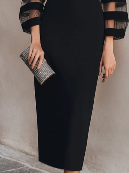Sheer Mesh Striped Sleeve Bodycon Midi Dress