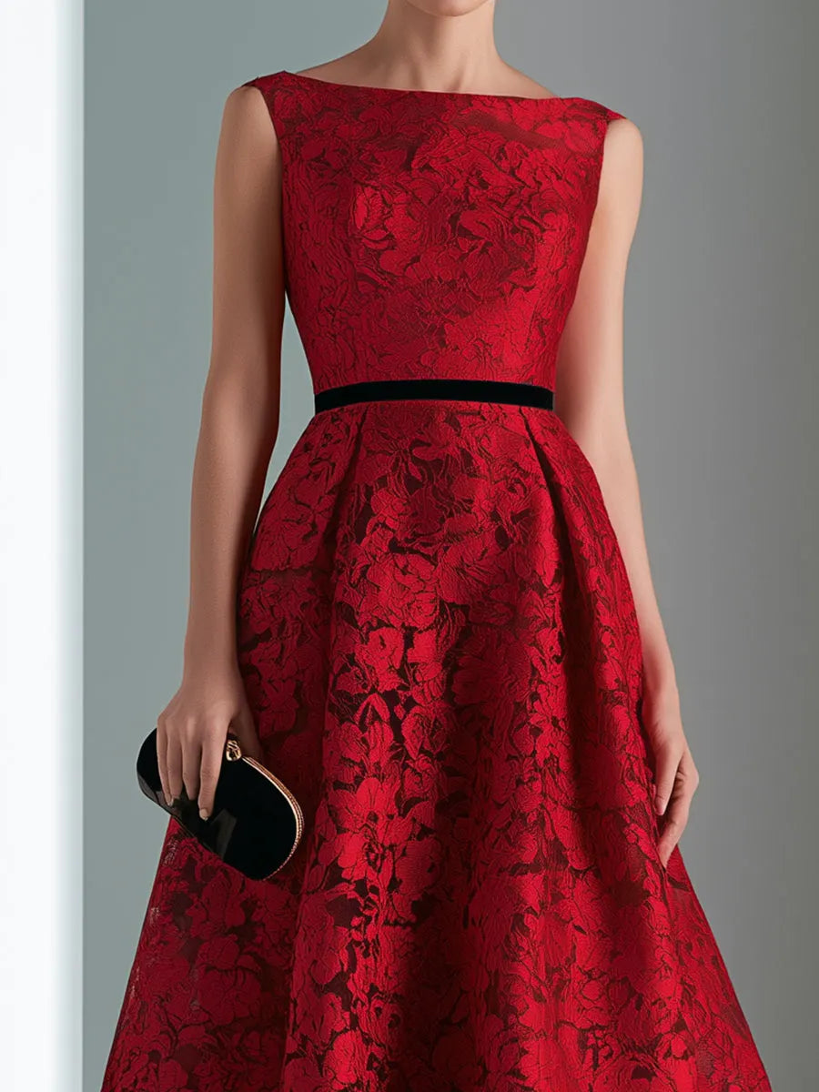Contrast Waist Floral Lace A-Line Evening Gown