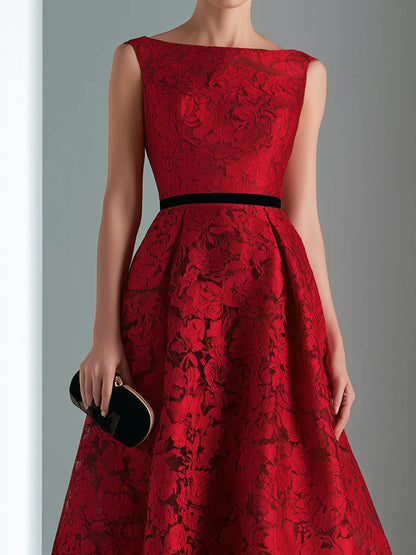 Contrast Waist Floral Lace A-Line Evening Gown