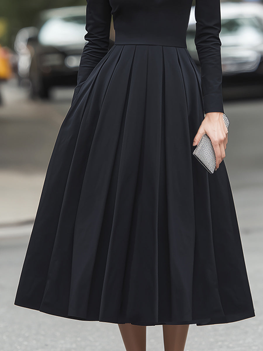 High-Collar V-Neck Pleated Midi Shirt Dress