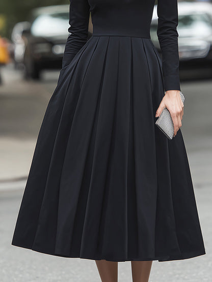 High-Collar V-Neck Pleated Midi Shirt Dress