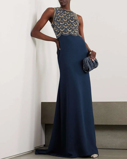 Crystal-Embellished Tulle Jacket and Crepe Gown Two-Piece Set