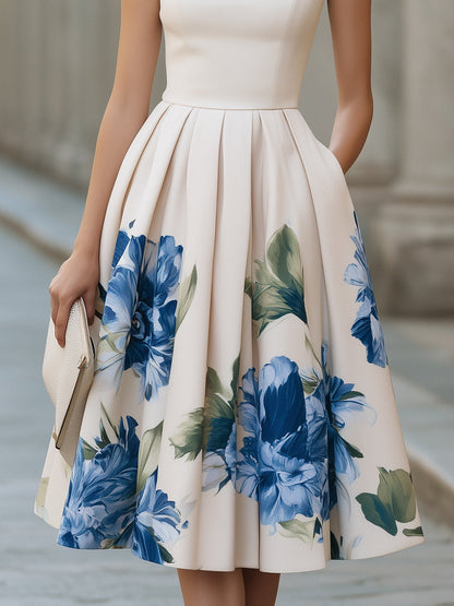 Elegant Boat Neck Sleeveless Floral Pleated Midi Dress