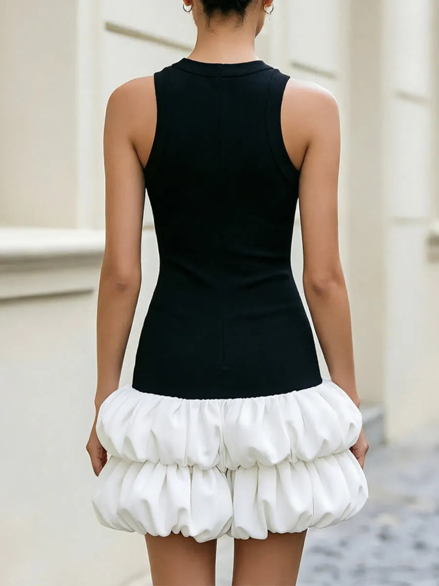 Black And White Sleeveless Racerback Puff Bubble Hem Mini Dress
