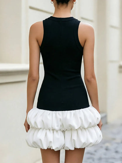 Black And White Sleeveless Racerback Puff Bubble Hem Mini Dress