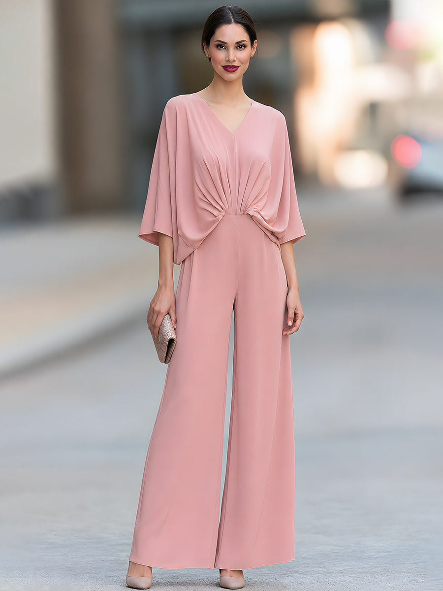 Women's V-Neck Batwing Sleeve Draped Wide Leg Jumpsuit