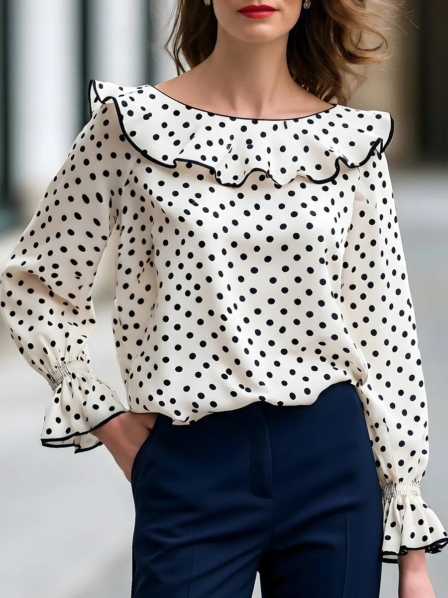 Polka Dot Ruffle Collar Long Sleeve Blouse