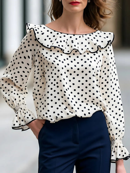 Polka Dot Ruffle Collar Long Sleeve Blouse